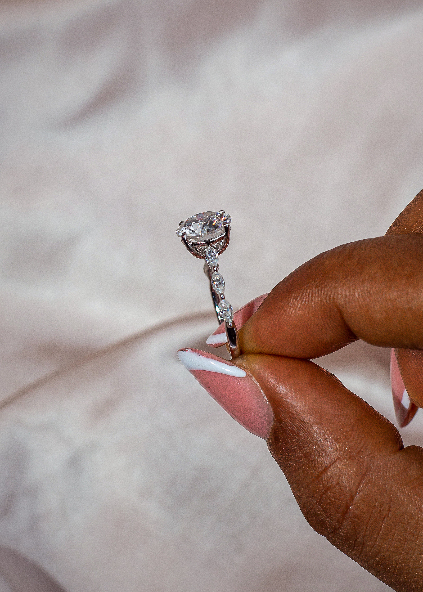 3CT Round cut with Marquise cut side stones VVS MOISSANITE Engagement Ring - Image 2