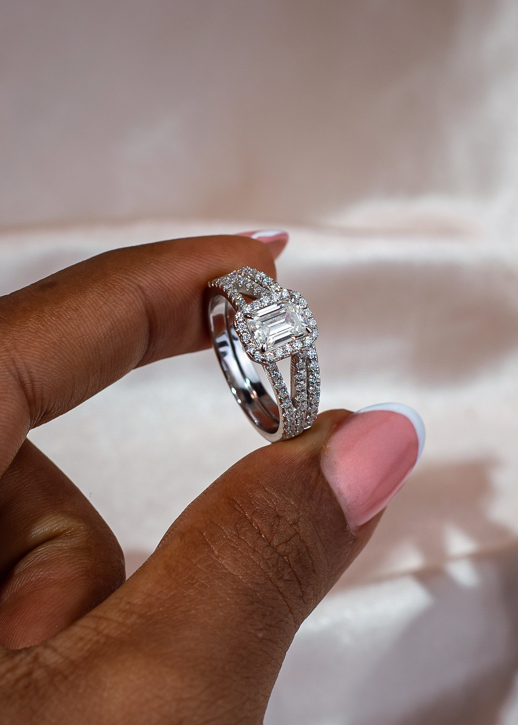 1CT Emerald Cut with Halo VVS MOISSANITE Bridal Set - Image 2