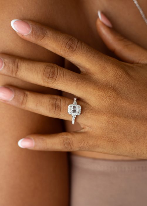 1CT Emerald Cut with Halo VVS Moissanite Engagement Ring