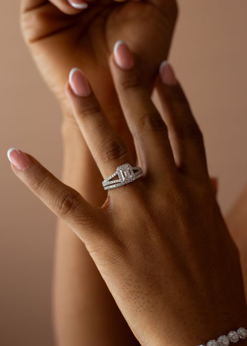 1CT Emerald Cut with Halo VVS MOISSANITE Bridal Set