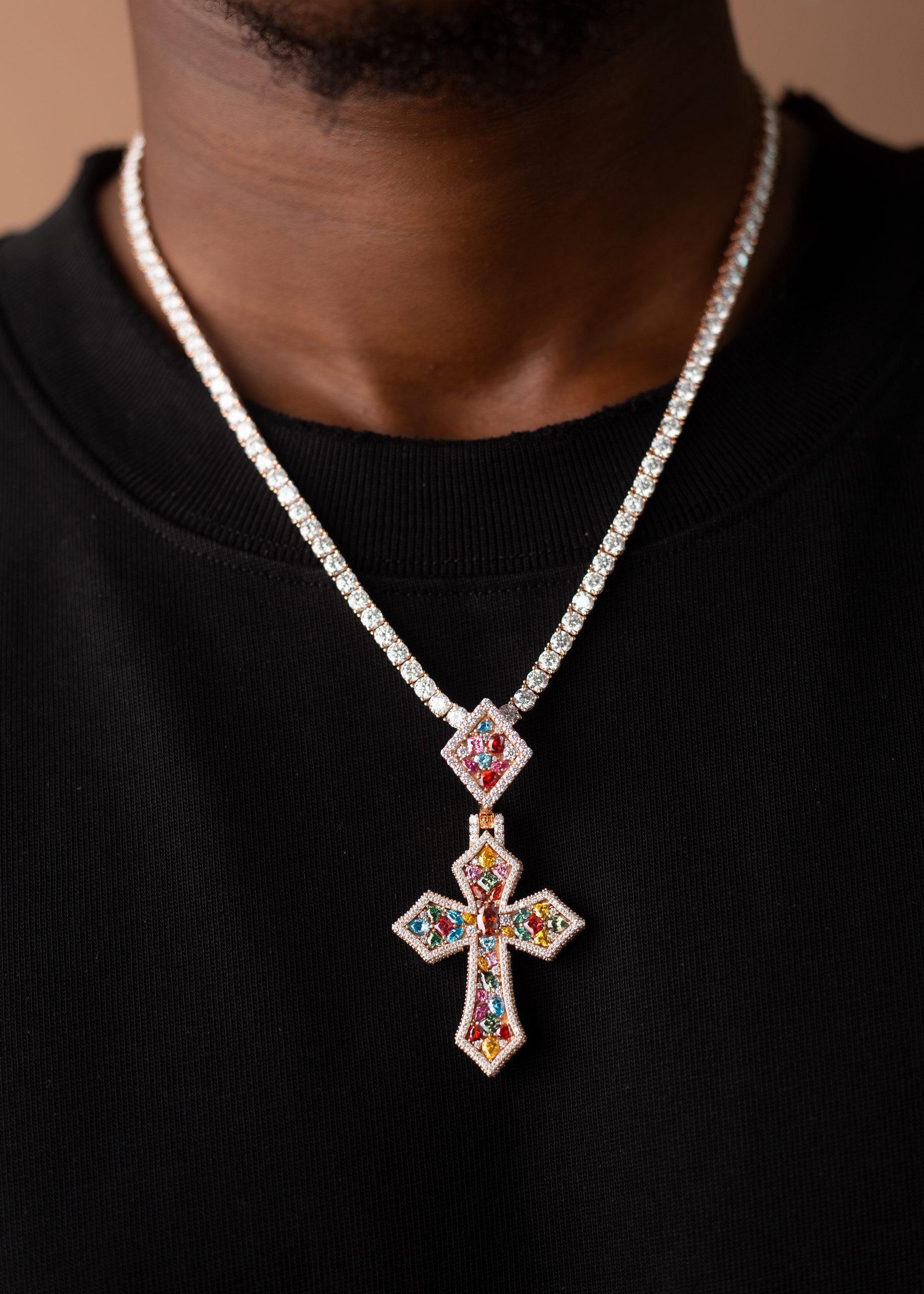 4MM Rose Gold Tennis Chain with Rose Gold Cross Pendant - Image 2