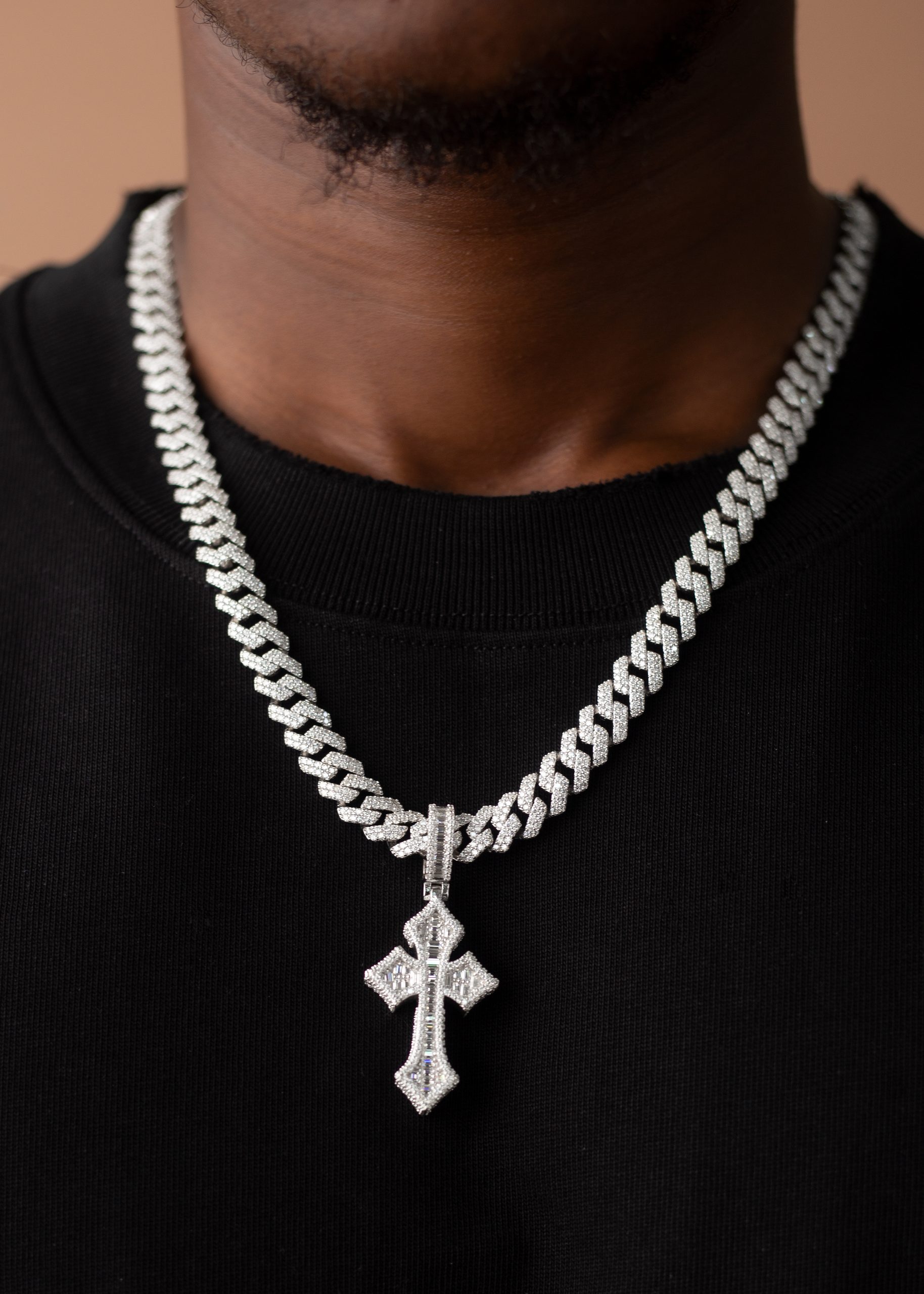 10MM VVS MOISSANITE Cuban with Baguette Cross Pendant - Image 2